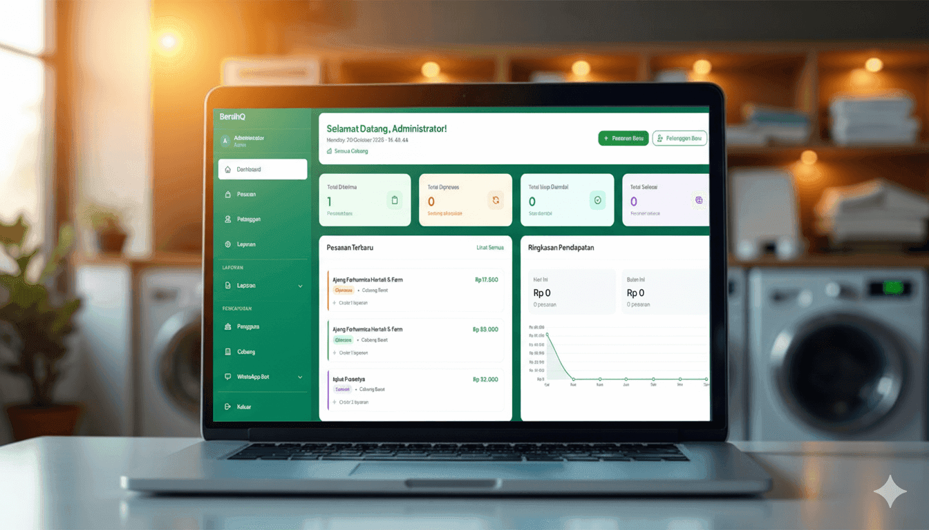 Tampilan dashboard BersihQ untuk mengelola order laundry